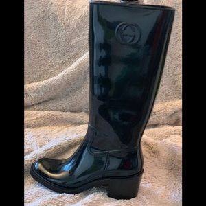 Authentic Gucci Rubber Boots Black Gg Knee High